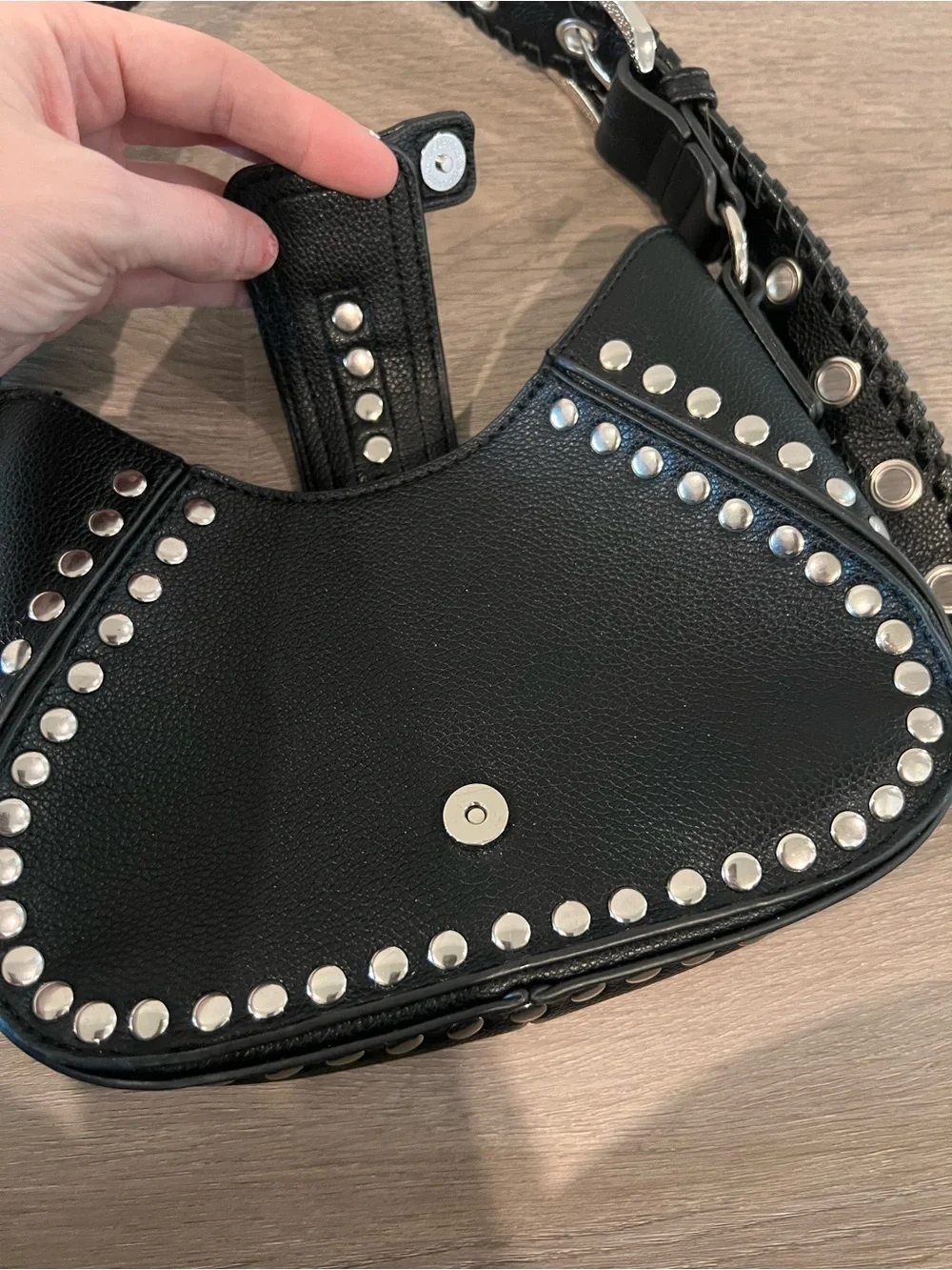 Urban Outfitters Black Studded Leather Shoulder Bag with Grommet Strap